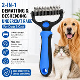 Pet Dematting Undercoat Rake for Long Haired Dogs Cats, Double Sided Deshedding Brush, Pain Free Tangle Remover to Reduce Shedding & Mats, Pet Grooming Tool N2 Comb